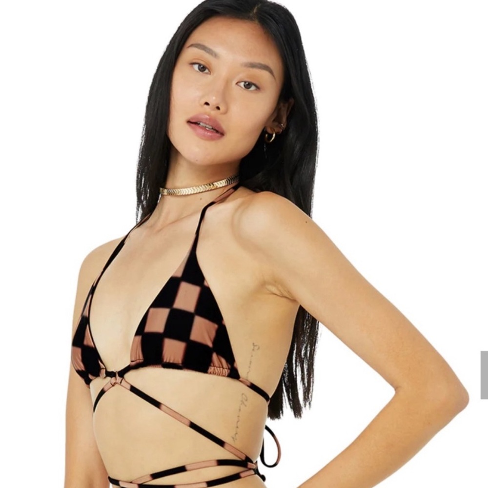 Alo X Frankie’s bikinis black checkered bikini top